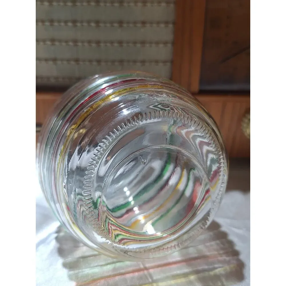 Vintage Ribbed Glass Canister Jar Multicolor Stripes Metal Screw Lid Kitchen